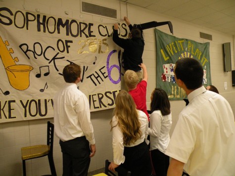 Juniors setting up past homecoming banners of the class of 2015 