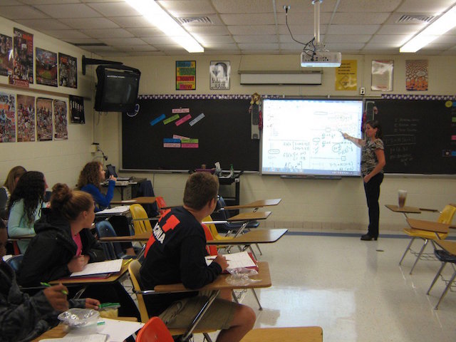 Mrs. Egnot teaching her AP Calculus class.
