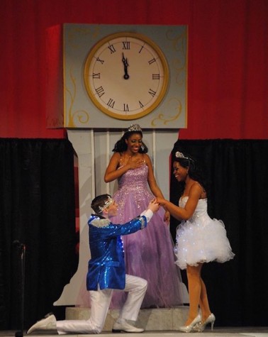 Jiamond Davis (fairy godmother), Andrew Collier (Prince Charming), and Courtney Marble (Cinderella) on stage for the final competition. 