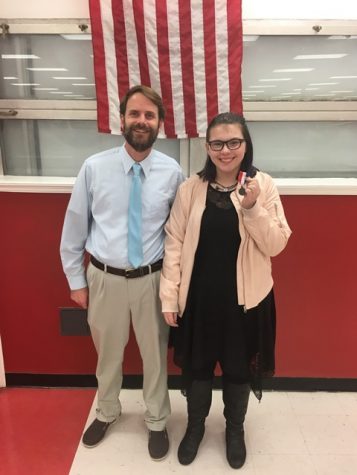 Coach Arram Dreyer with Emma Janney after she placed 2nd in the Conference 10 Forensics Competition.