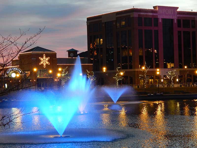 The City Center fountains lit up for Hollydazzle celebrations.