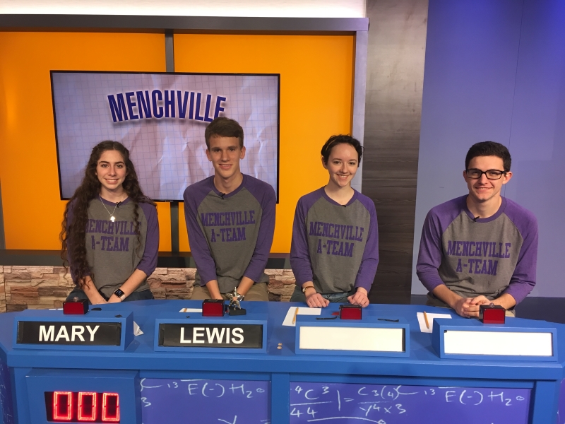 Members of Menchvilles A-Team (from left to right) Mary Arnold, Lewis McAllister, Laura Madler, Jacob Hinson, film an episode of Battle of the Brains in Richmond.