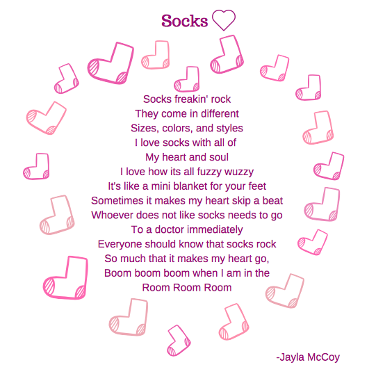 The 2018 winner of the Menchville Love Poem Contest, Socks, by Jayla McCoy.