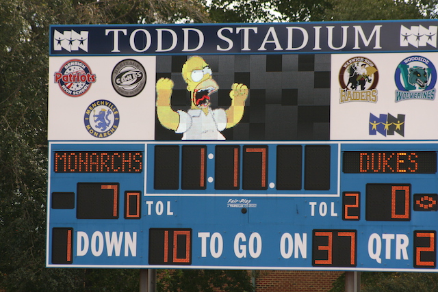 The scoreboard at about halftime during Menchvilles annual homecoming game.