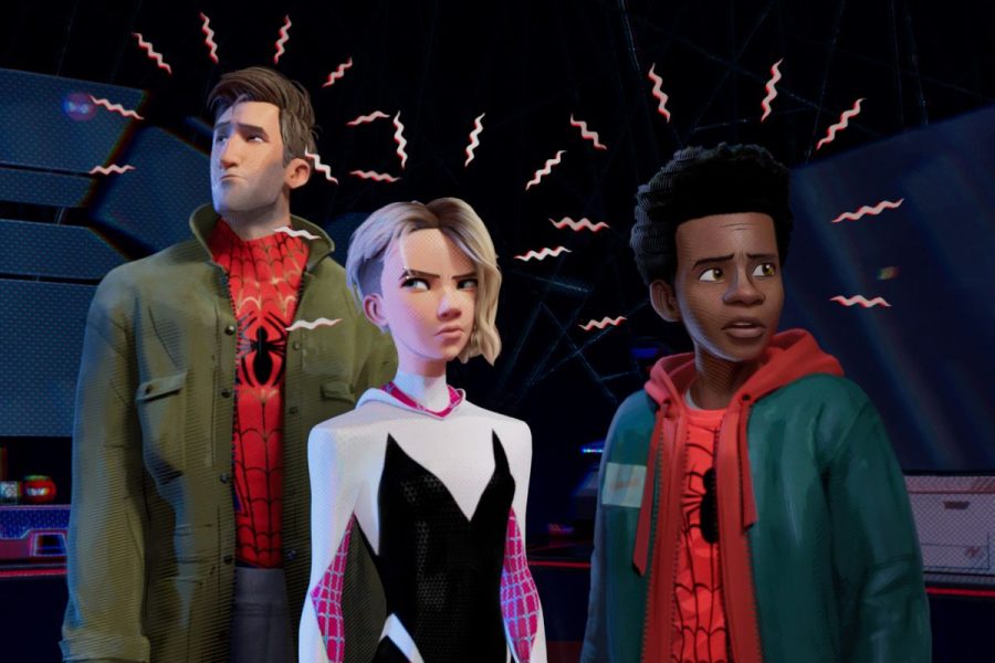 Peter Parker, Gwen Stacey and Miles Morales sense a threat with their spider senses. 