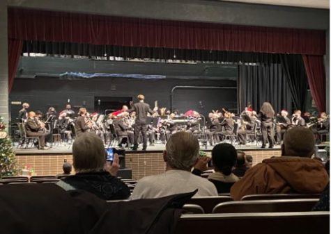 The Menchville Band is lead by  Drum Majors Ian Carlton and Alyssa Hughes druing the 2021 Holiday Band Concert