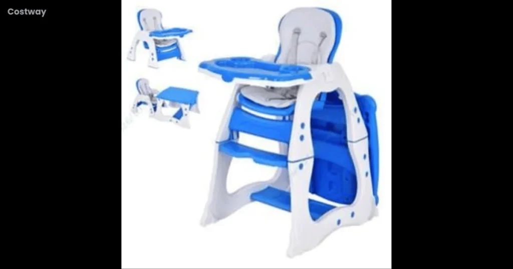 A recalled Costway convertible high chair used for feeding a young child